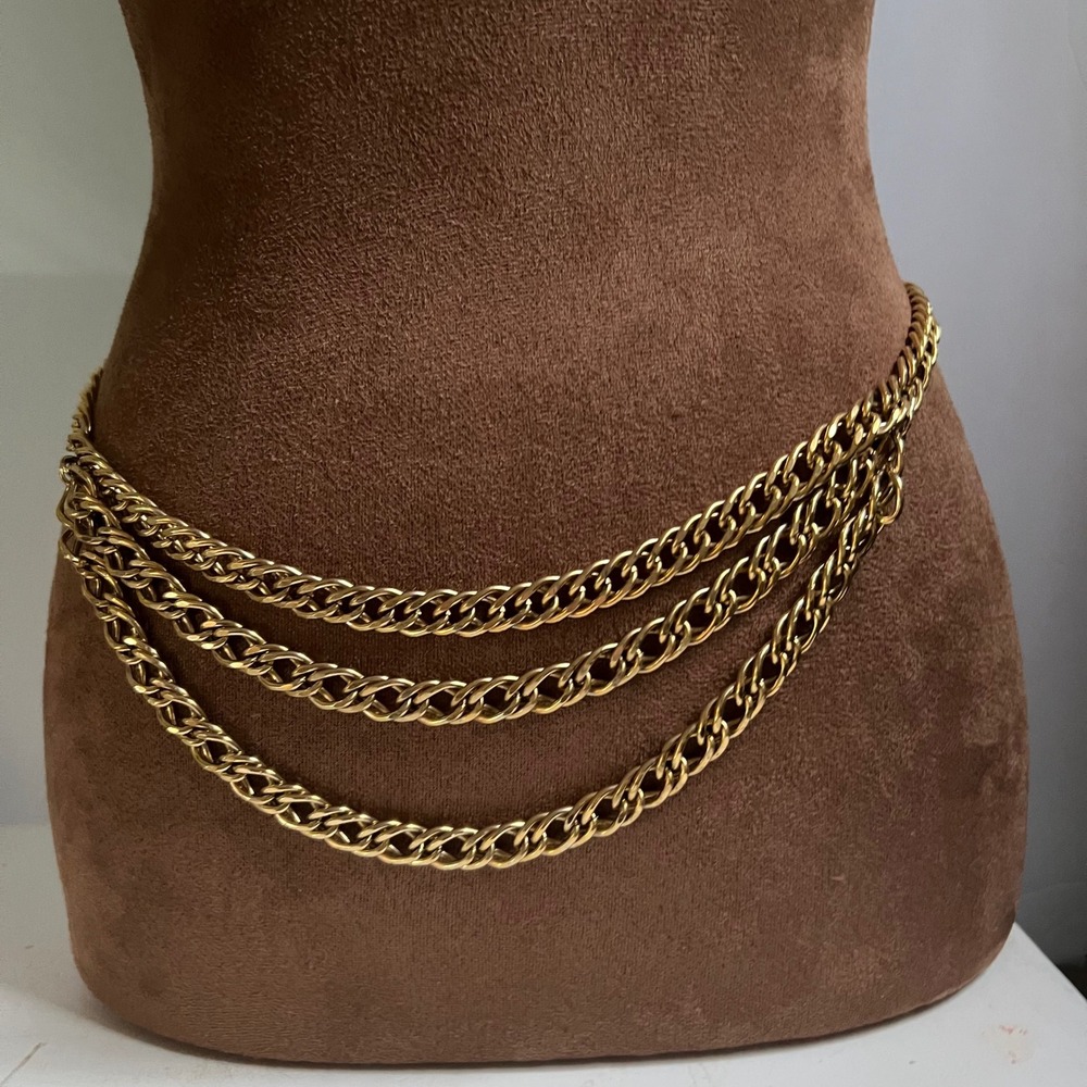 Vintage Gold Tone Triple Layered Chunky Link Chain Hip Belt 35 Inch Size Medium